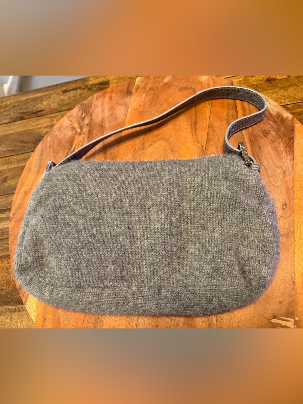 Fendi Gray Cashmere Wool Shoulder Bag with Snakeskin Leather and Silver Hardware - Picture 2 of 11